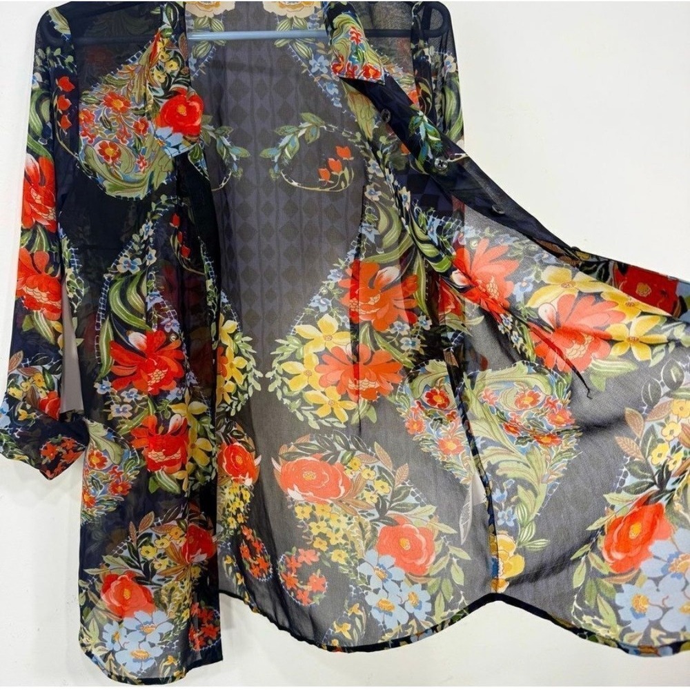 Cabi Amour Floral Diamond Print Sheer Blouse Multicolor Button Front Top Sz S - Picture 5 of 8